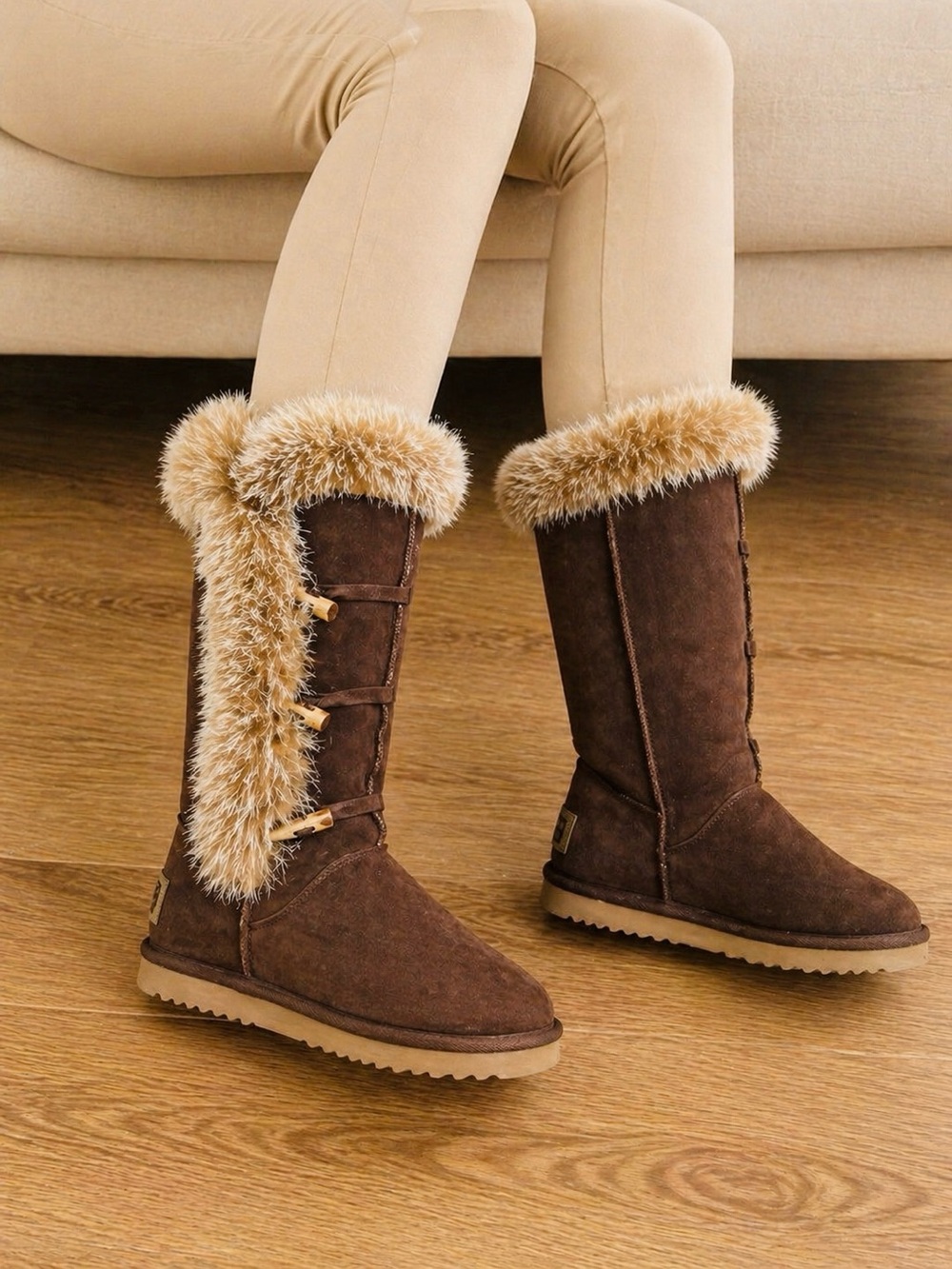 Love Collective Australia Tall Sheepskin Fur Trim Lined Boots Women’s Brown AU 5